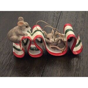 Charming Tails "Sticky Situation" ribbon candy Christmas ornament,two mice